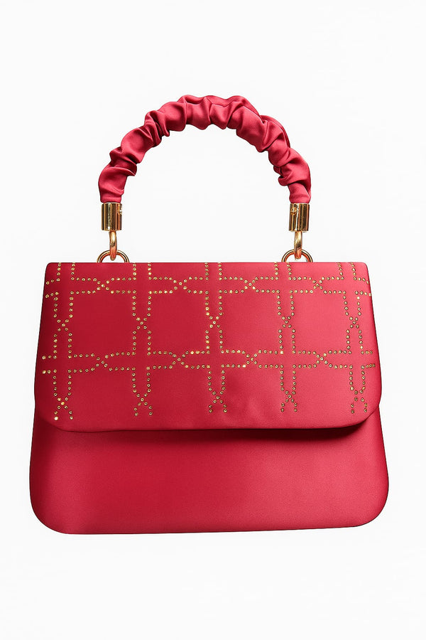 "Elegant Nude Pink Handbag with Satin Handle & Gold Stud Detailing"