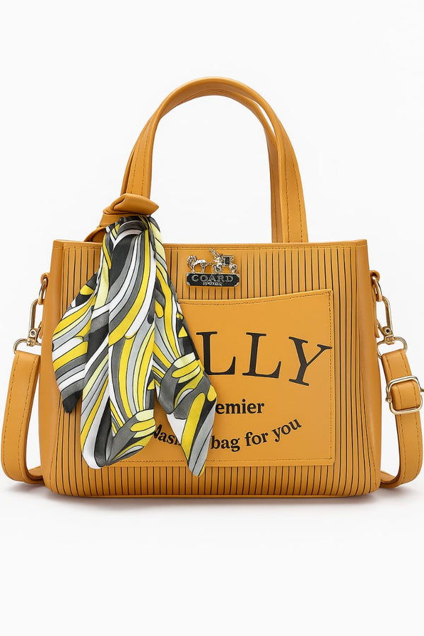 "Elegant White Handbag with Polka Dot Scarf Accent – Stylish Tote for Women"